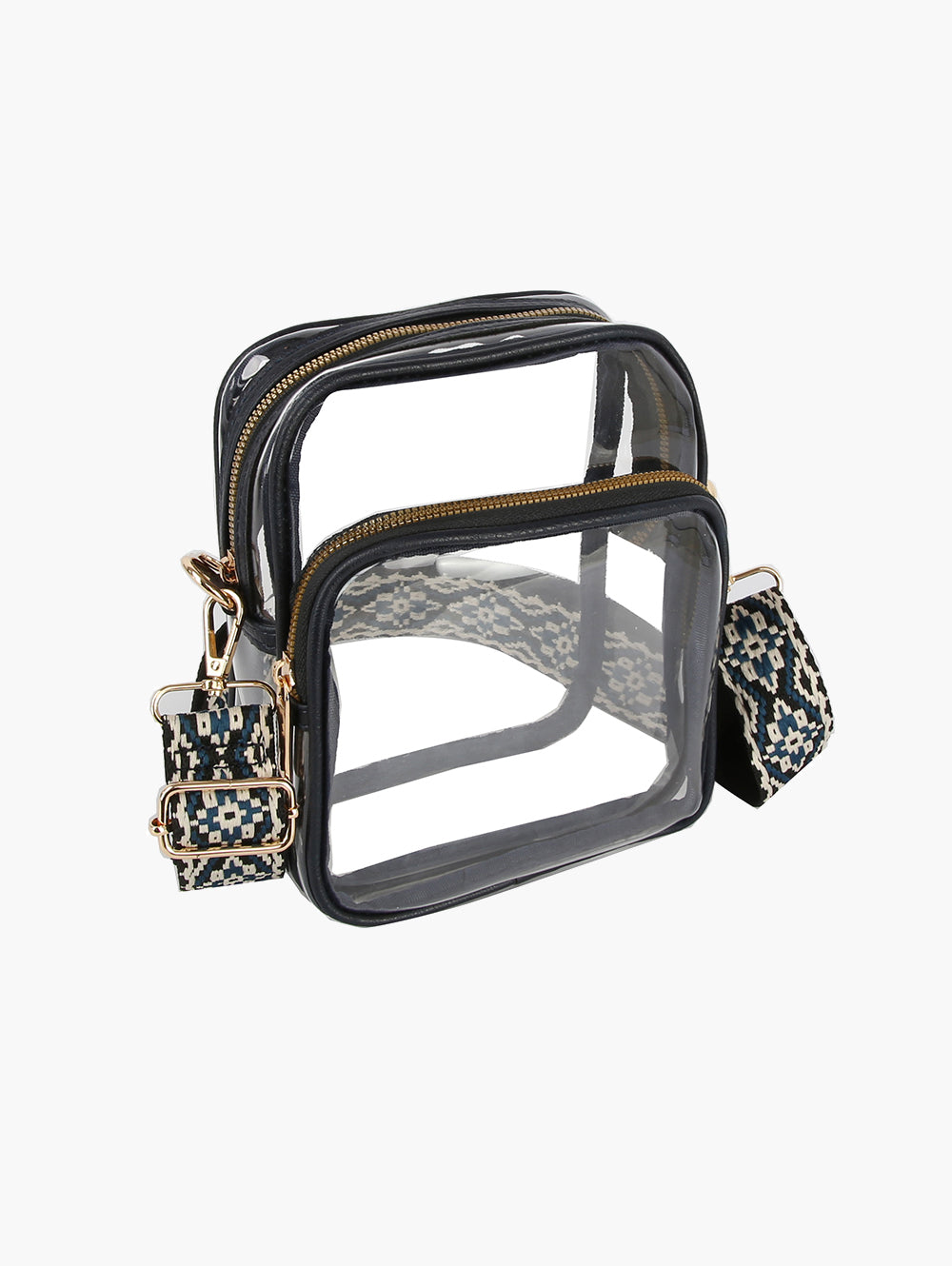 The Guitar Strap Clear Crossbody Bag features a transparent rectangular design with black trim, gold zippers and hardware, plus a wide detachable guitar strap in black, white, and blue. Stylishly keeps your essentials visible.