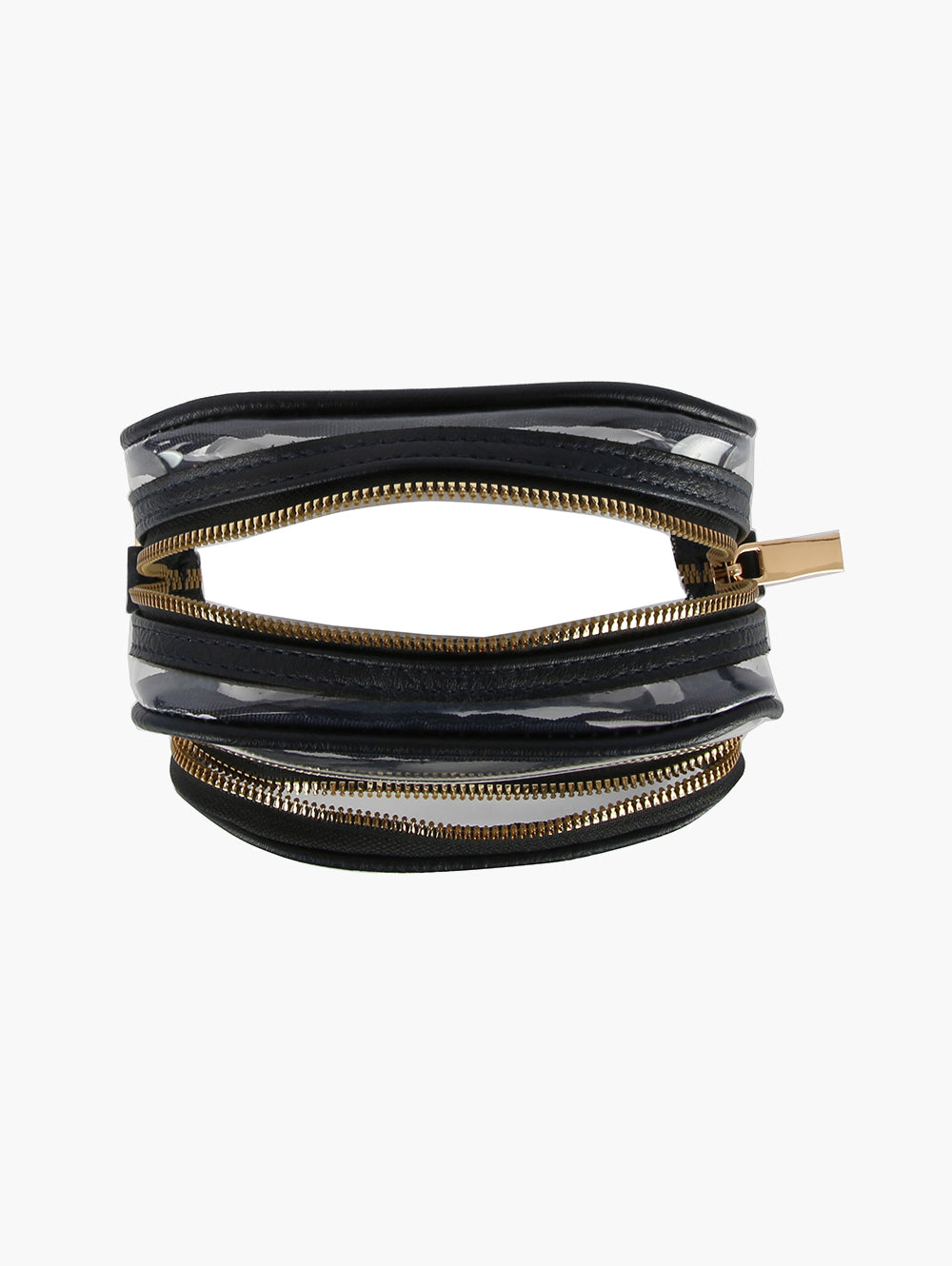 A black and gold Guitar Strap Clear Crossbody Bag with a shiny finish and gold hardware, shown against a white background, reminiscent of an elegant zippered bracelet or luxury purse.