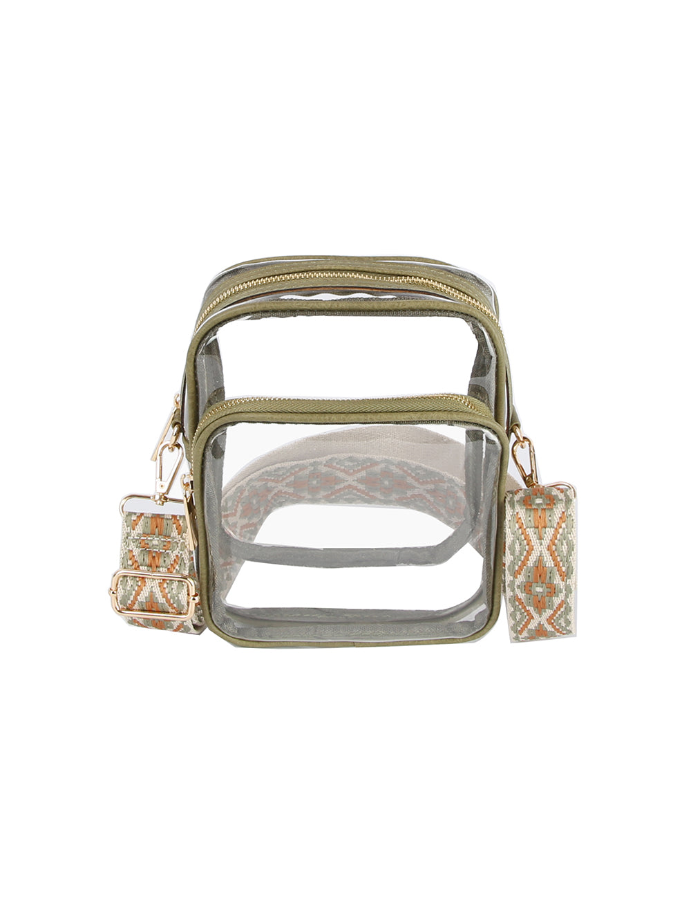 The Guitar Strap Clear Crossbody Bag is a square, olive green handbag with a clear zip closure and gold hardware. It features a detachable guitar strap with a geometric orange, white, and green pattern.