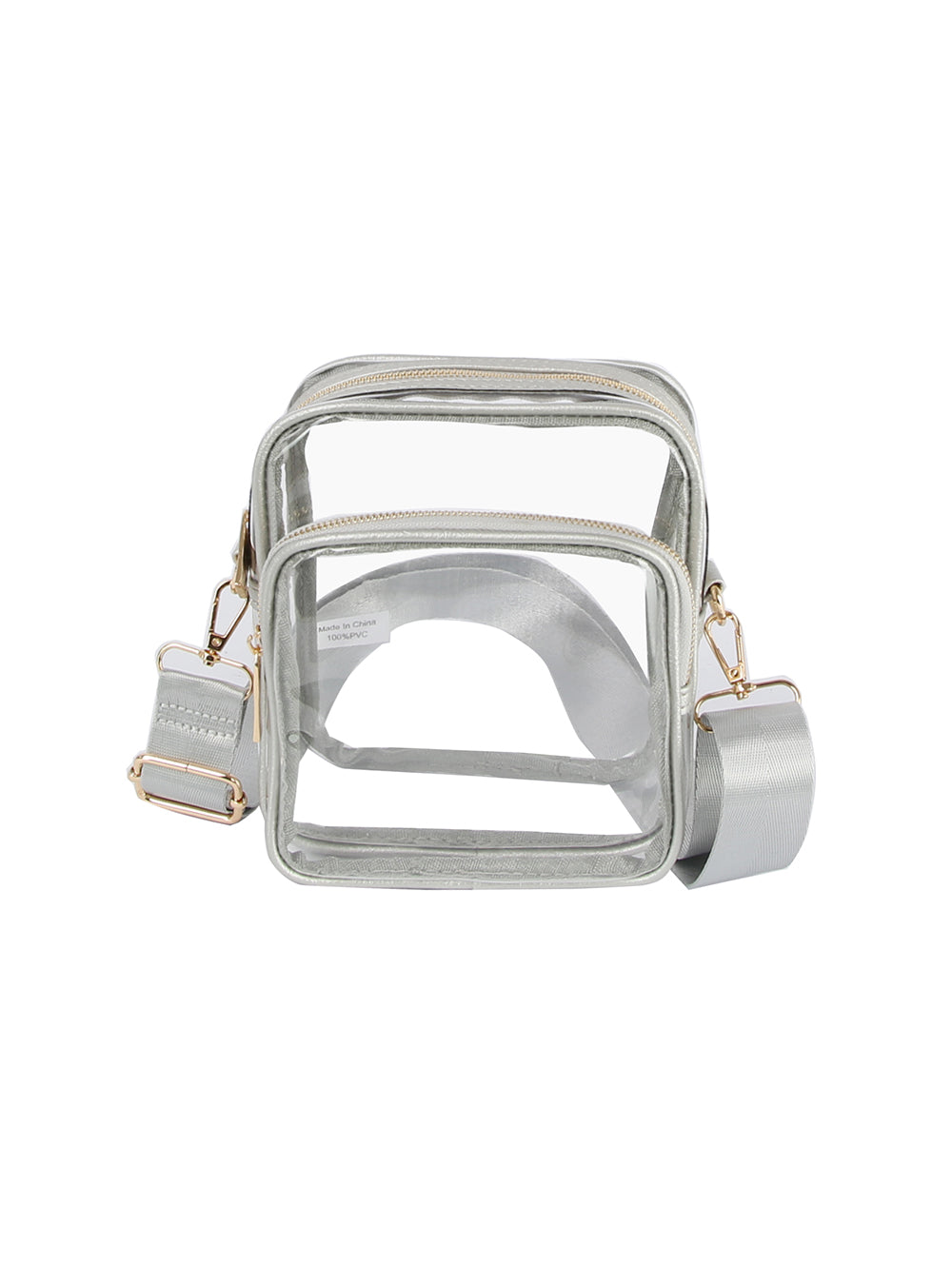 The Guitar Strap Clear Crossbody Bag is a small, square, transparent handbag with a zip closure, silver trim, gold-tone hardware, and a wide matching silver adjustable strap—blending chic style and function.