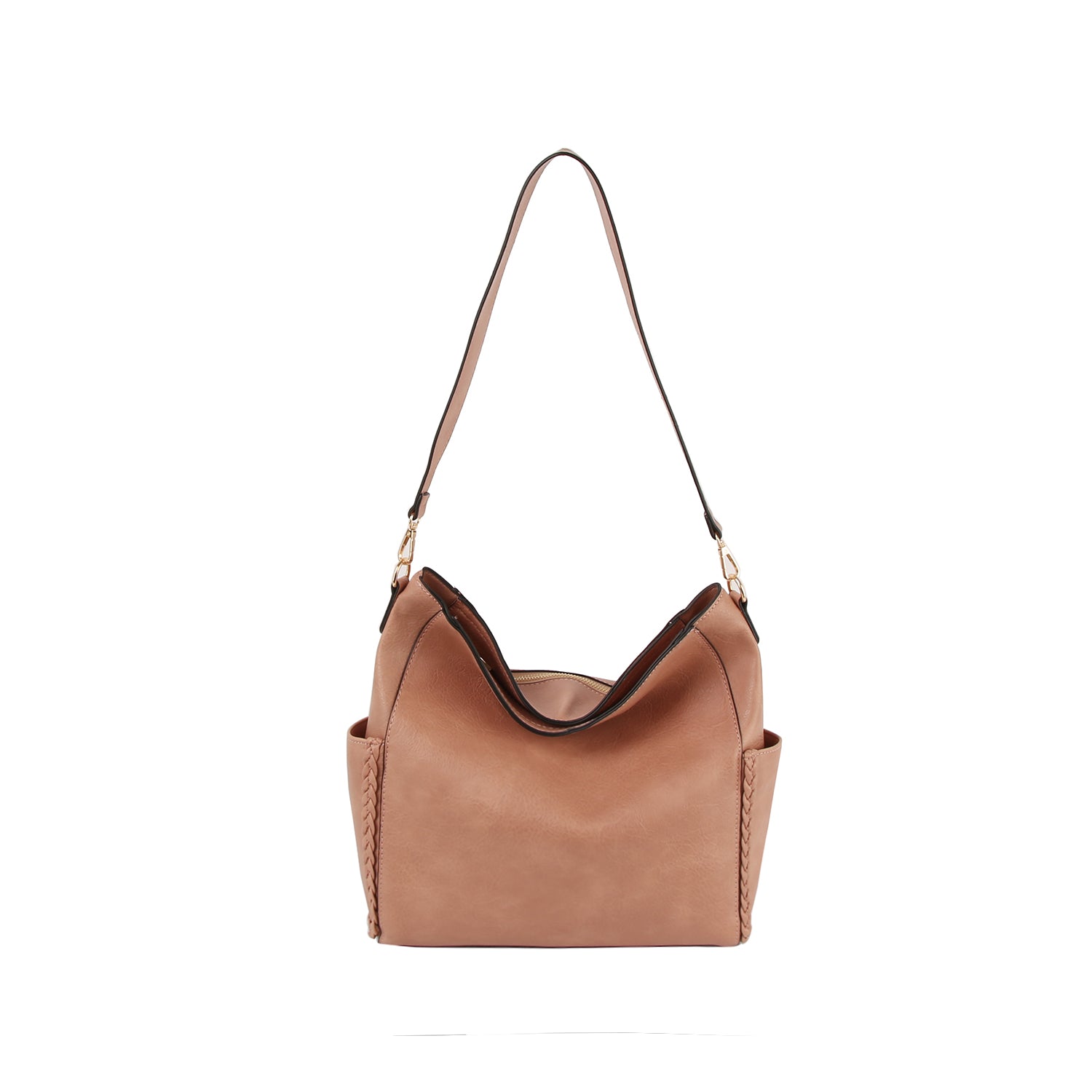 The Woven Accent End Pocket Hobo Handbag features brown faux leather, a single strap, open top, side pockets, and gold-toned hardware, displayed against a plain white background.