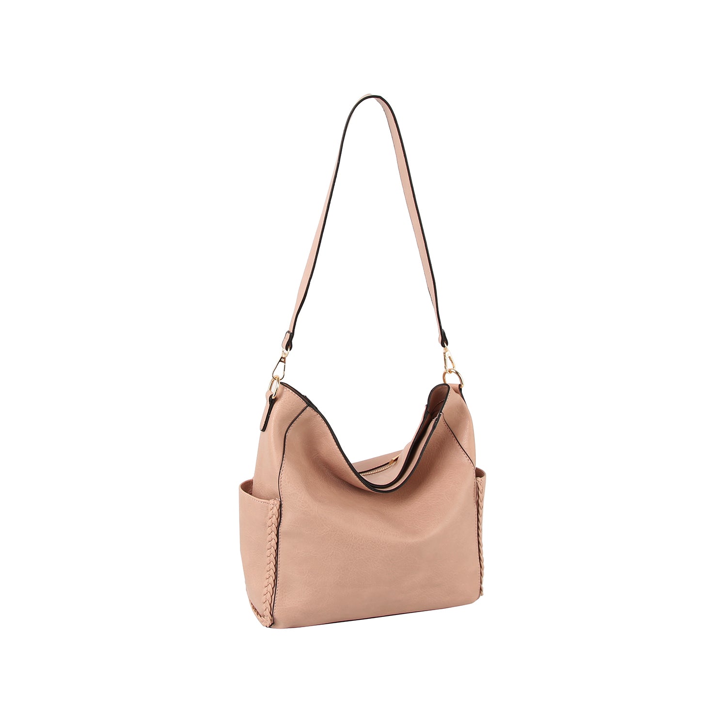 The Woven Accent End Pocket Hobo Handbag is a beige faux leather shoulder bag with a single strap, gold-toned hardware, woven accents, and an open-top design, displayed against a plain white background.