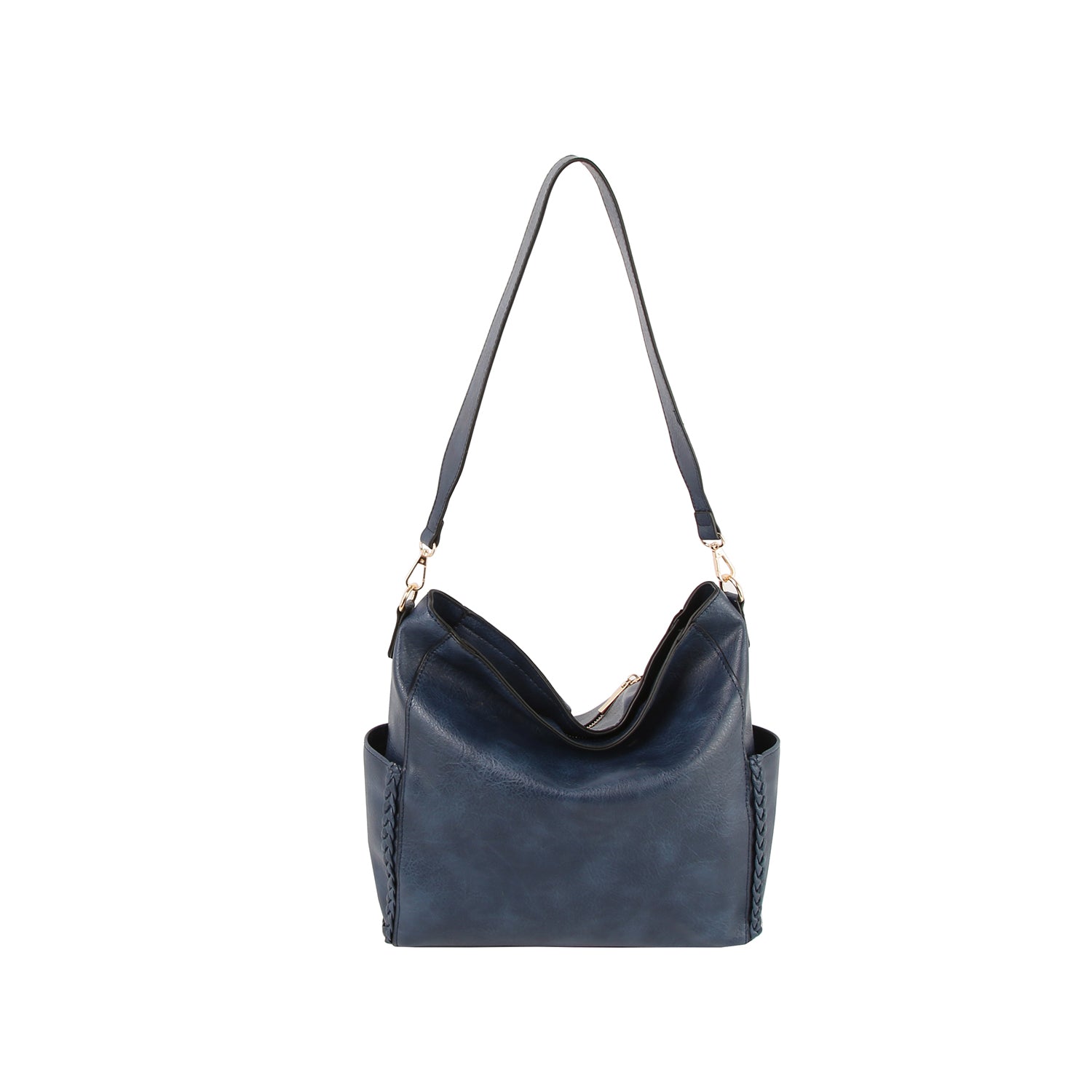 The Woven Accent End Pocket Hobo Handbag is a navy blue faux leather shoulder bag with gold-toned hardware, a single strap, side pockets, and a slouchy, soft structure, shown against a plain white background.