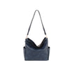 The Woven Accent End Pocket Hobo Handbag is a navy blue faux leather shoulder bag with gold-toned hardware, a single strap, side pockets, and a slouchy, soft structure, shown against a plain white background.
