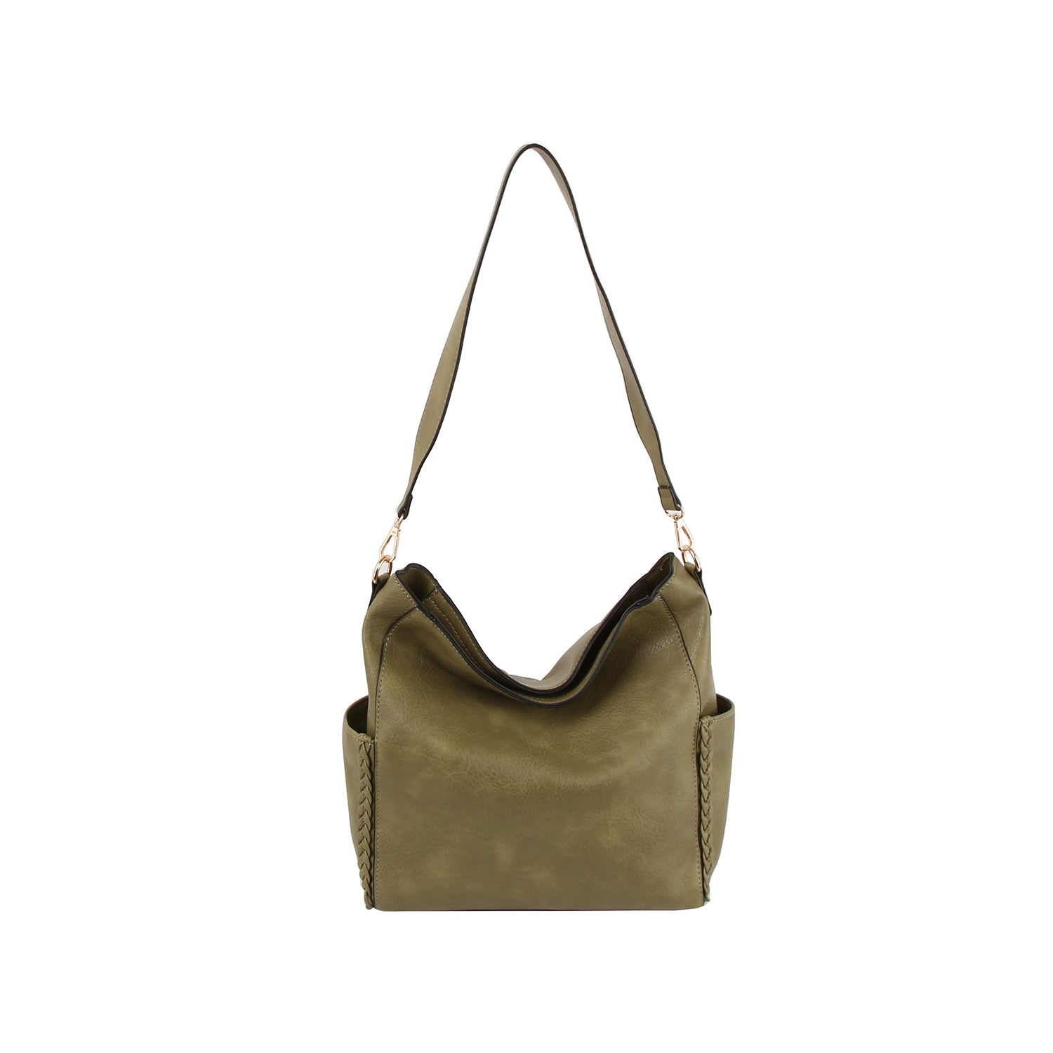 The Woven Accent End Pocket Hobo Handbag features an olive green, slouchy faux leather design with wide strap, zip closure, gold-toned hardware, side pockets, and is displayed on a plain white background.