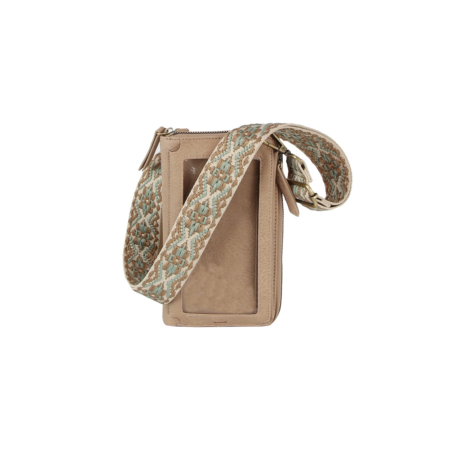 The Petite Multi Compartment Guitar Strap Crossbody features beige faux leather, a wide green-and-beige woven strap, and a clear front pocket for easy essentials access, displayed on a white background.