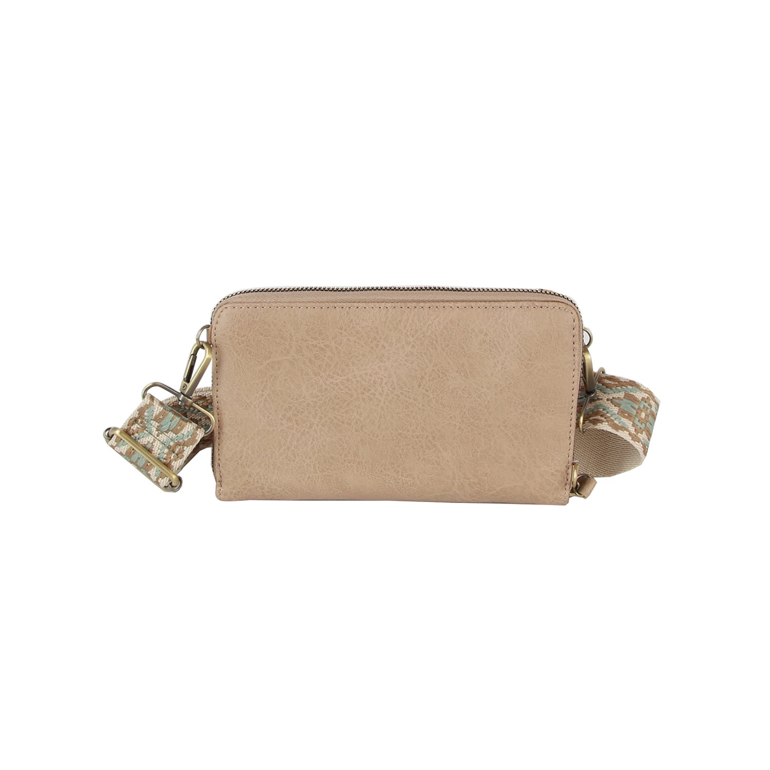 The Petite Multi Compartment Guitar Strap Crossbody is a small beige faux leather bag with a textured finish and a detachable pastel geometric guitar strap, shown against a white background.