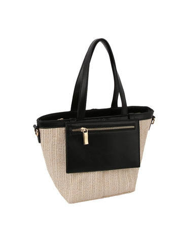 Front Pocket Straw Tote Handbag