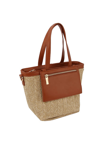 Front Pocket Straw Tote Handbag