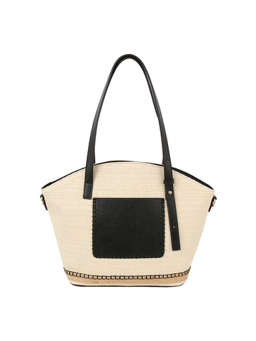 Front Pocket Straw Tote Handbag