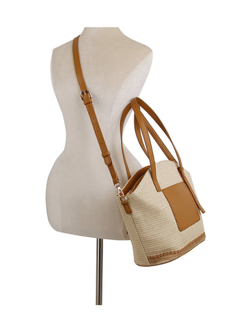 Front Pocket Straw Tote Handbag