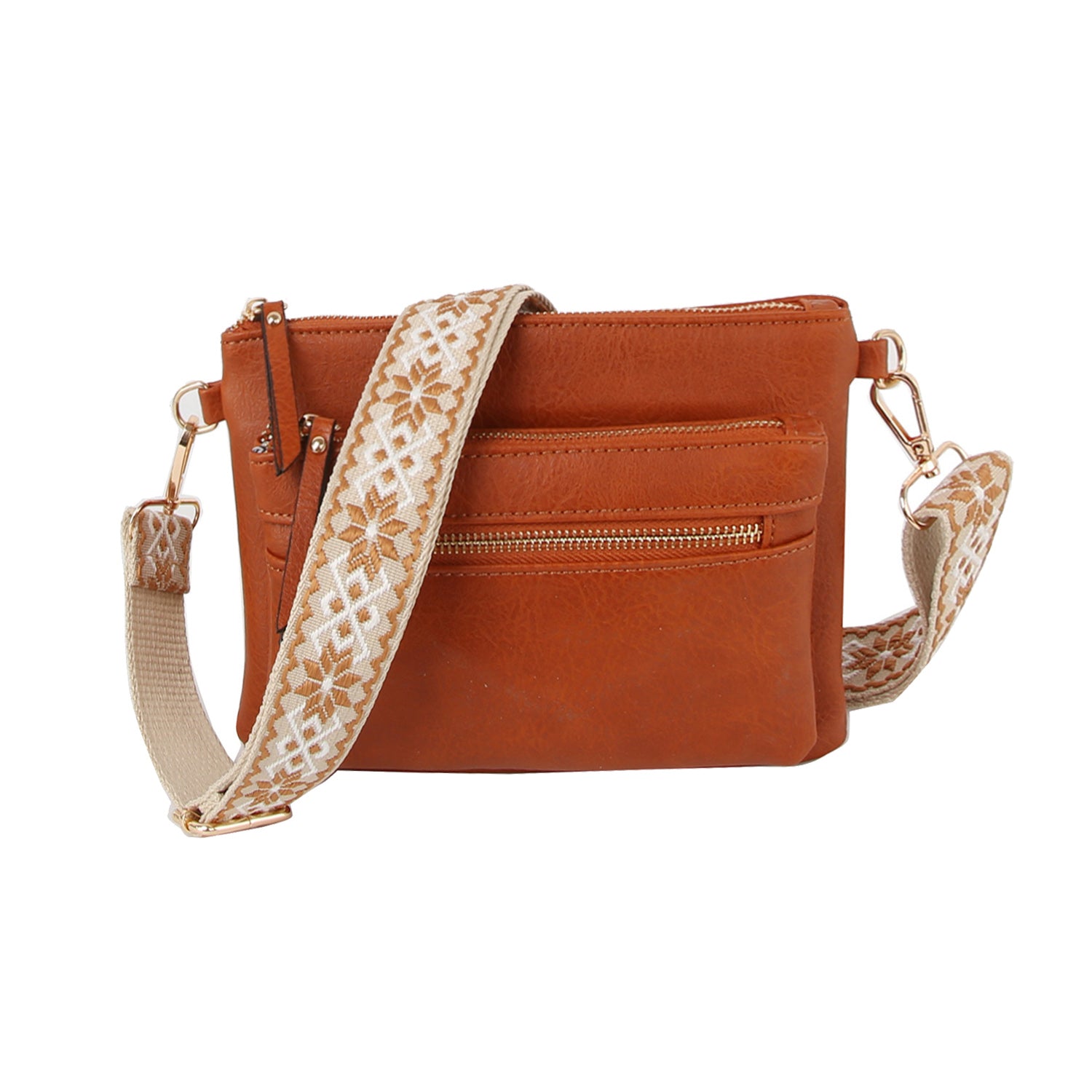 The Guitar Strap Crossbody Sling Handbag is a small brown faux leather bag with gold zippers, gold hardware, a front zip pocket, and an adjustable beige strap featuring floral embroidery. The convenient strap is also detachable.
