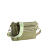 The Guitar Strap Crossbody Sling Handbag is a small olive green faux leather bag with gold zippers, dual zip pockets, and an adjustable strap featuring a green and white geometric embroidered pattern.