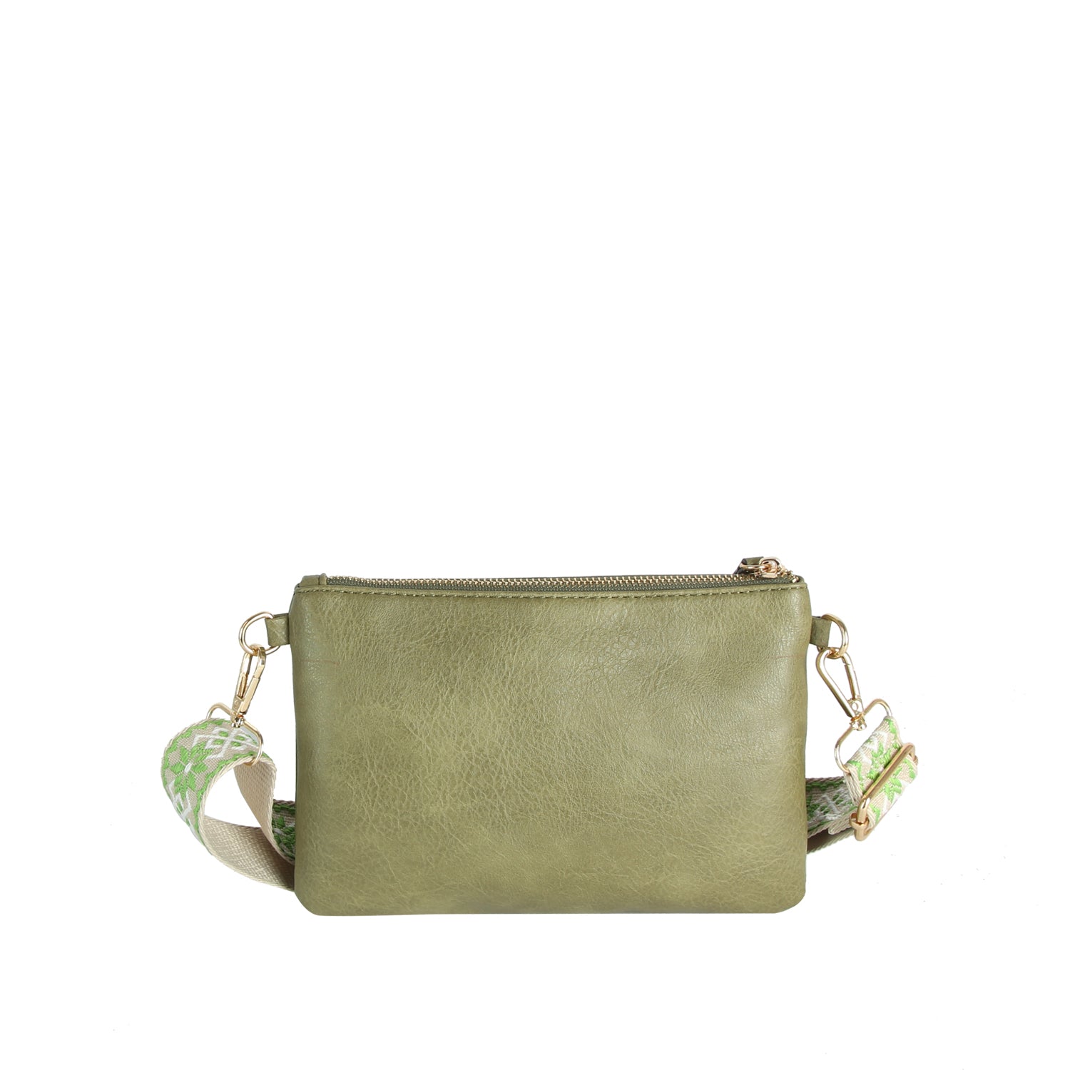Guitar Strap Crossbody Sling Handbag: an olive green rectangular faux leather bag with gold zipper, dual zip pocket, and a detachable green and white patterned strap. Shown against a white background.