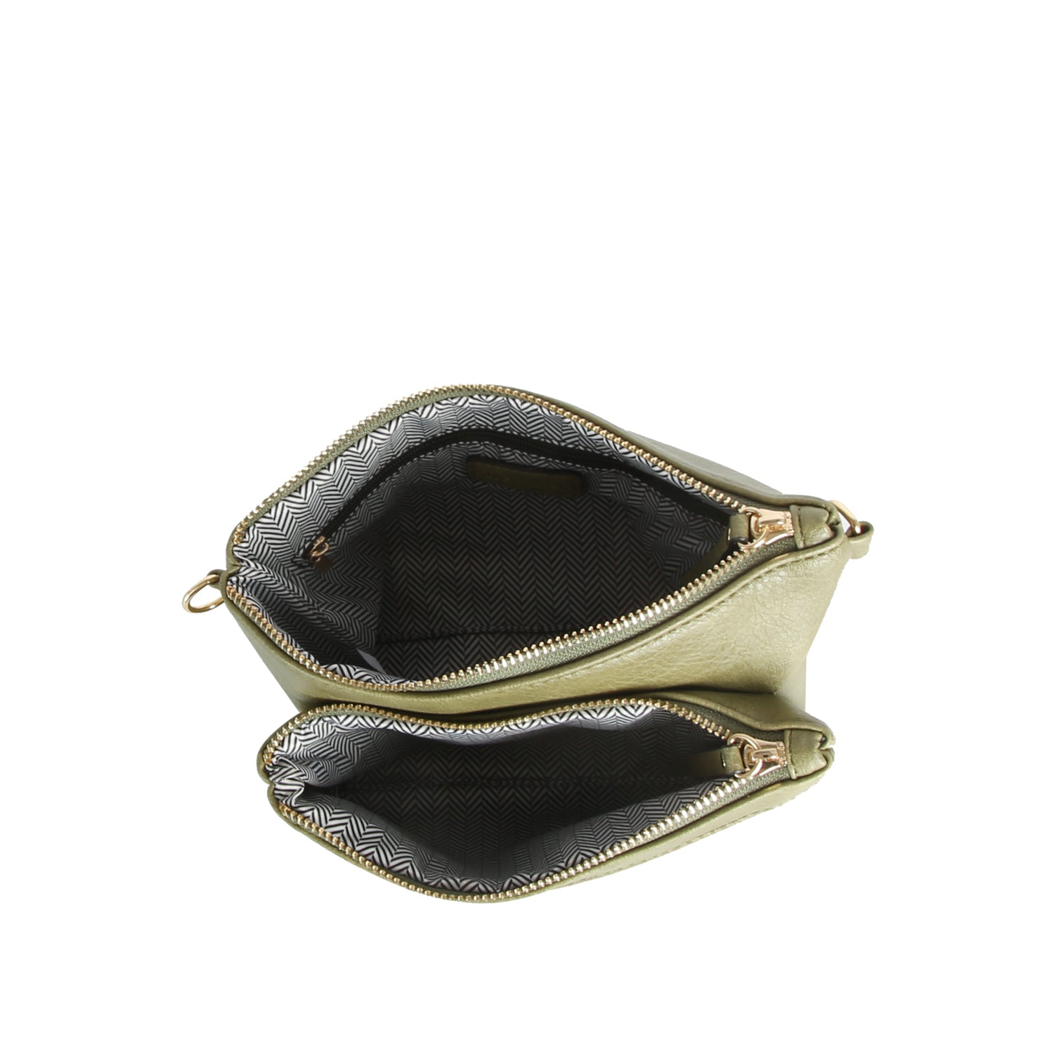 The Guitar Strap Crossbody Sling Handbag features a dual zip pocket design with gold faux leather, black-and-white herringbone lining, and is shown open and stacked from above against a white background.