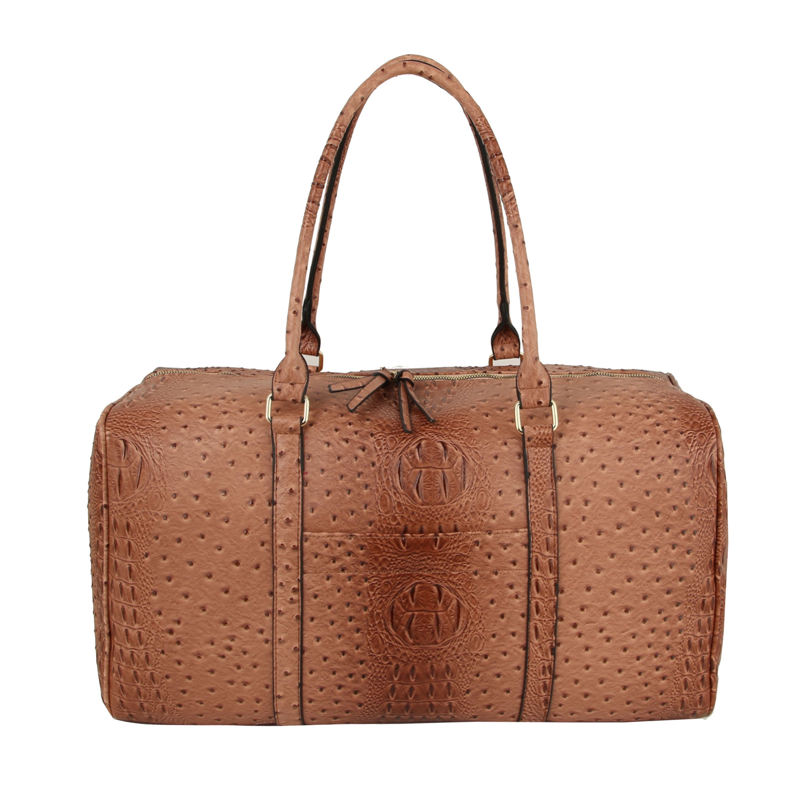 The Classic Embossed Carry-On Satchel features a stylish brown faux leather with an ostrich-skin pattern, two long handles, gold hardware, and embossed circular details—ideal for chic travel.