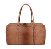 The Classic Embossed Carry-On Satchel features a stylish brown faux leather with an ostrich-skin pattern, two long handles, gold hardware, and embossed circular details—ideal for chic travel.