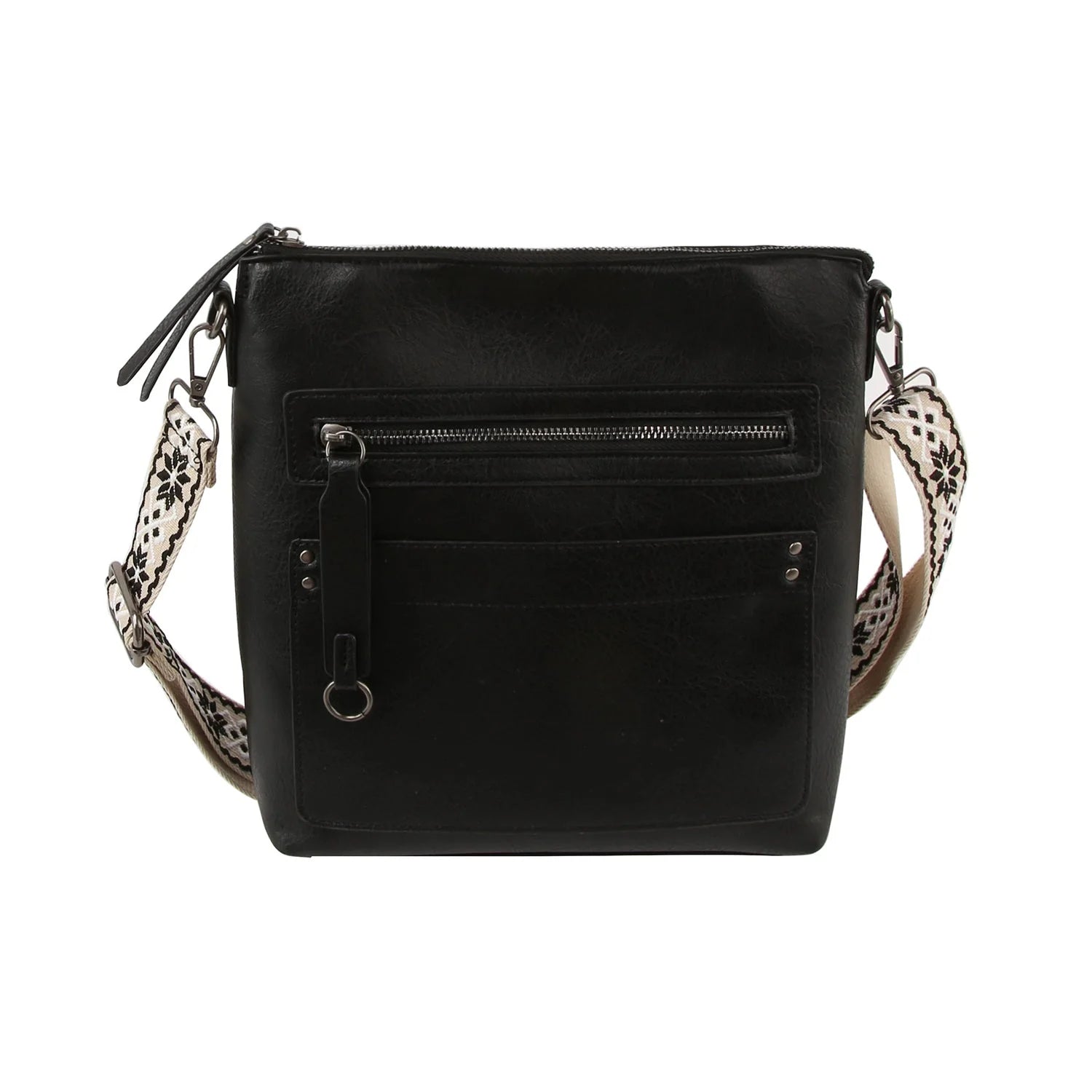 The Guitar Strap Everyday Crossbody Sling is a black faux leather bag with zip pockets, a front zip pocket, an adjustable wide strap featuring a white and black geometric pattern, and a rectangular shape that gives it a modern look.