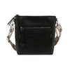 The Daily Zip Pocket Guitar Strap Crossbody Bag features black faux leather, silver-tone hardware, a zippered front pocket, and a wide adjustable strap with a white and black geometric pattern inspired by guitar straps.