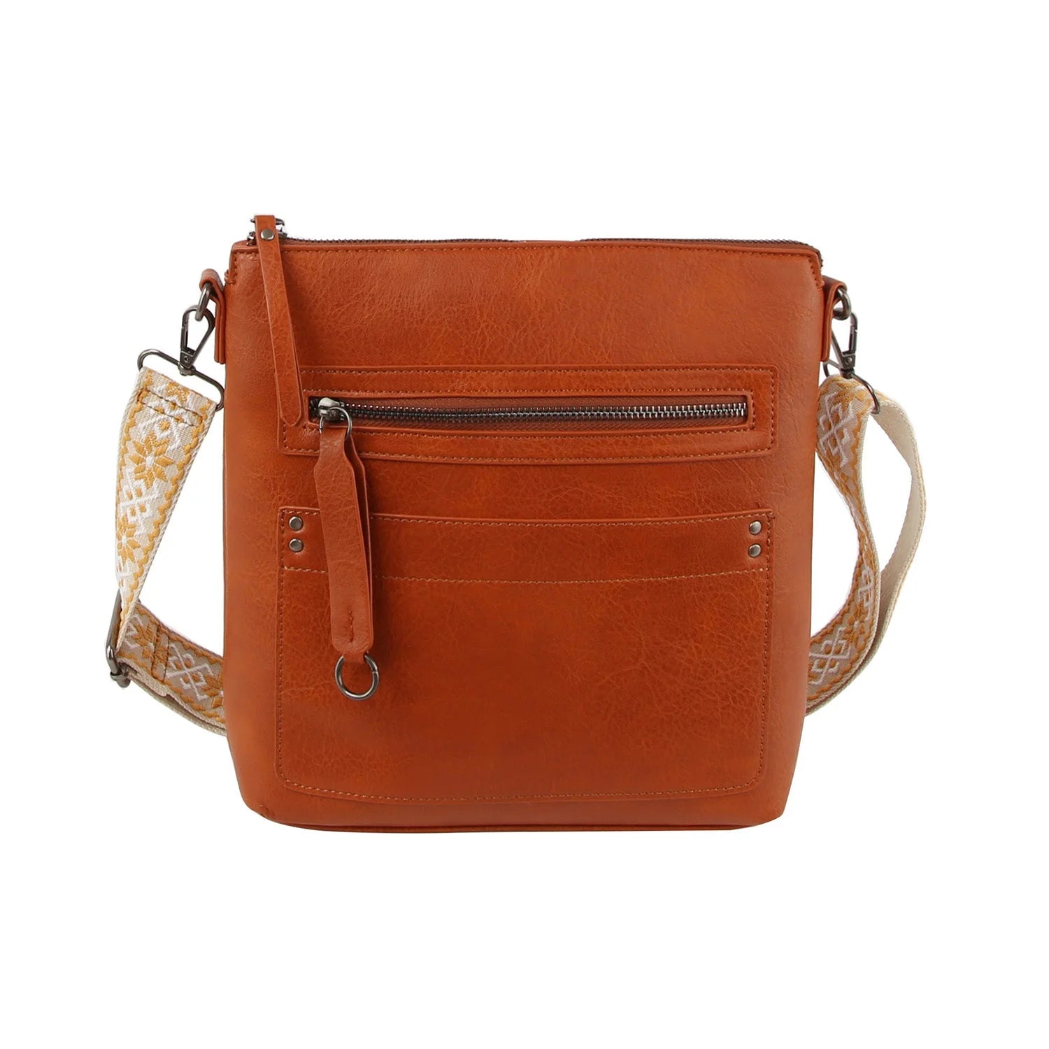 The Guitar Strap Everyday Crossbody Sling is a square brown faux leather bag with zip pockets, a decorative zipper pull, sleek metal hardware, and an adjustable wide beige strap featuring a white geometric pattern.