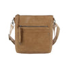 The Guitar Strap Everyday Crossbody Sling is a tan faux leather bag with a front zip pocket, a small zippered pouch, an adjustable patterned strap, textured design, and metal hardware for style.