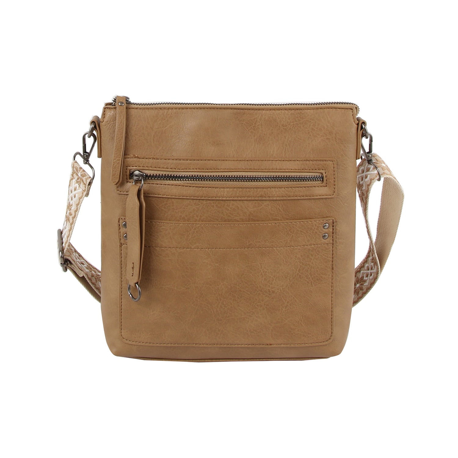 The Daily Zip Pocket Guitar Strap Crossbody Bag features tan faux leather, a front zip pocket, an extra small vertical zipper, silver-tone hardware, and an adjustable patterned guitar strap in a simple rectangular design.