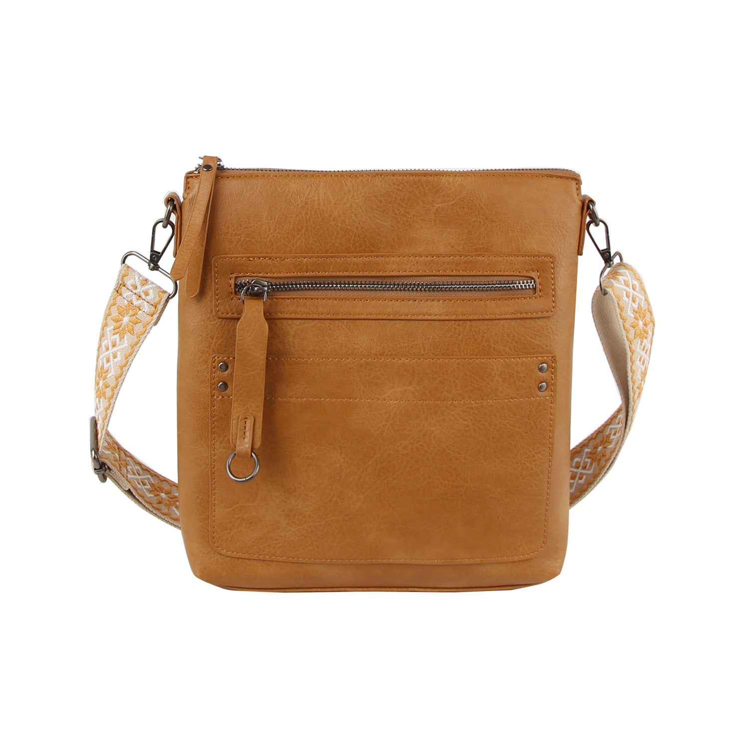 The Daily Zip Pocket Guitar Strap Crossbody Bag features tan faux leather, silver-tone hardware, a front zip pocket, and a white geometric guitar strap. Its structured rectangular design is finished with a handy zipper pull tab.