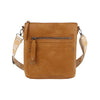 The Guitar Strap Everyday Crossbody Sling features light brown faux leather, a front zip pocket, decorative stitching, and a wide patterned adjustable strap. Its rectangular shape and smooth texture make it both stylish and practical.