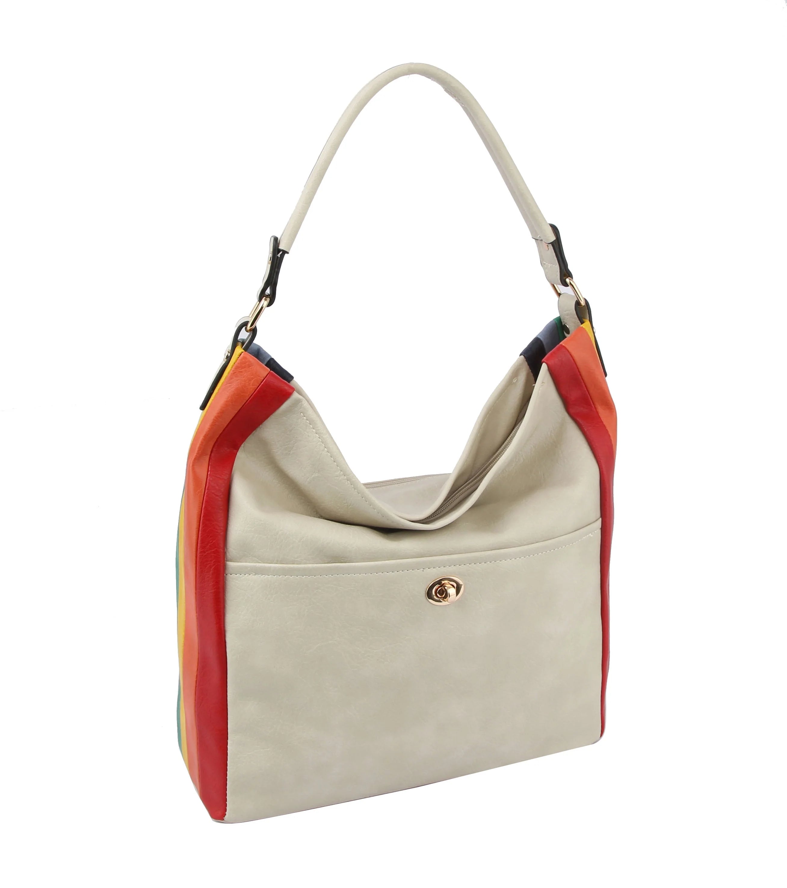 The Rainbow Stripe Accent Hobo Handbag is a cream faux leather bag featuring a single shoulder strap, gold-tone clasp, and colorful red, orange, and yellow side panels against a white background.