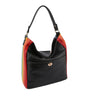 The Rainbow Stripe Accent Hobo Handbag is a black faux leather bag with vibrant red, orange, yellow, and green side panels, a single strap, gold-tone hardware, and a gold oval clasp on the front pocket.