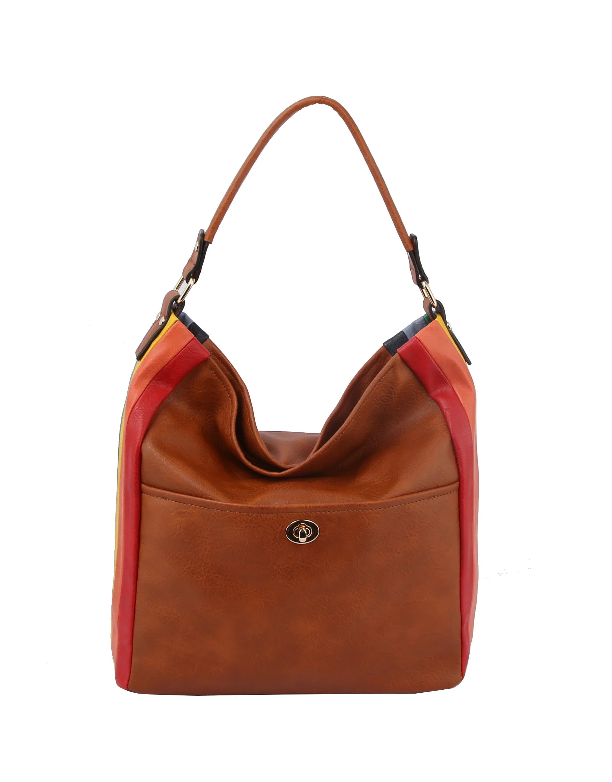 The Rainbow Stripe Accent Hobo Handbag is a brown faux leather bag with a single handle, front pocket, red and yellow stripe accents on the sides, gold-tone twist-lock closure, and a detachable strap for versatile style.