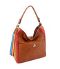 The Rainbow Stripe Accent Hobo Handbag is a brown faux leather bag with a single shoulder strap, gold-toned hardware, a chic turn-lock clasp, and colorful vertical stripes in red, yellow, green, blue, and white on the sides.