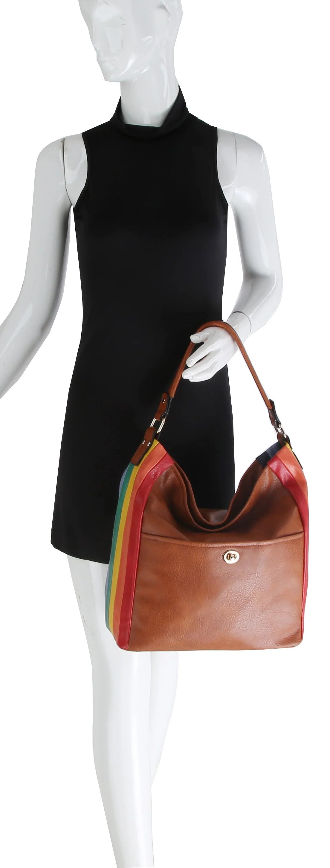 A mannequin in a sleeveless black dress holds the Rainbow Stripe Accent Hobo Handbag, featuring rainbow-colored side panels, gold-toned hardware, faux leather material, and a top handle.