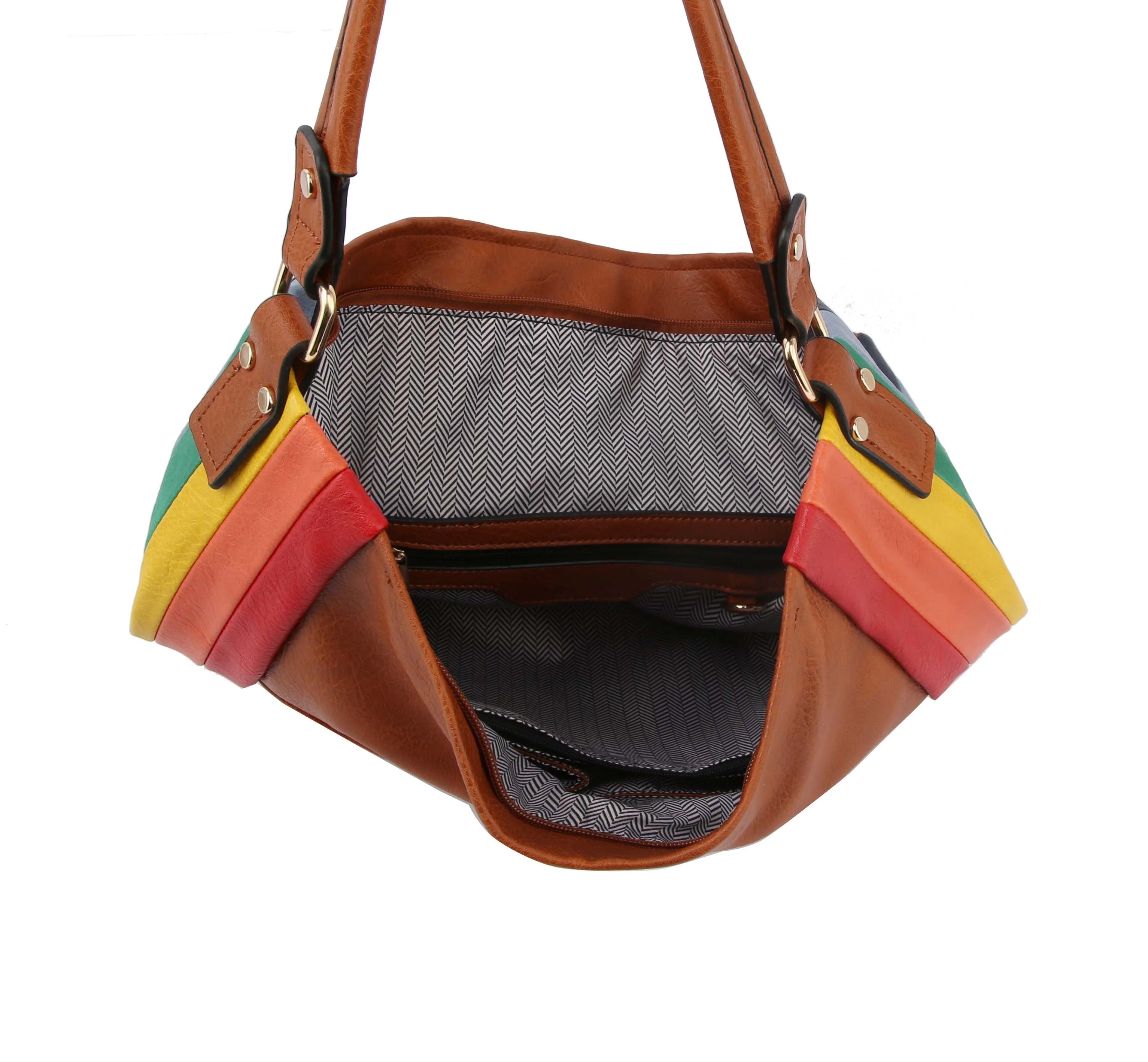 The Rainbow Stripe Accent Hobo Handbag features brown faux leather, rainbow-colored side panels, brown handles, a gray herringbone-patterned interior with a zippered pocket, and gold-toned hardware.