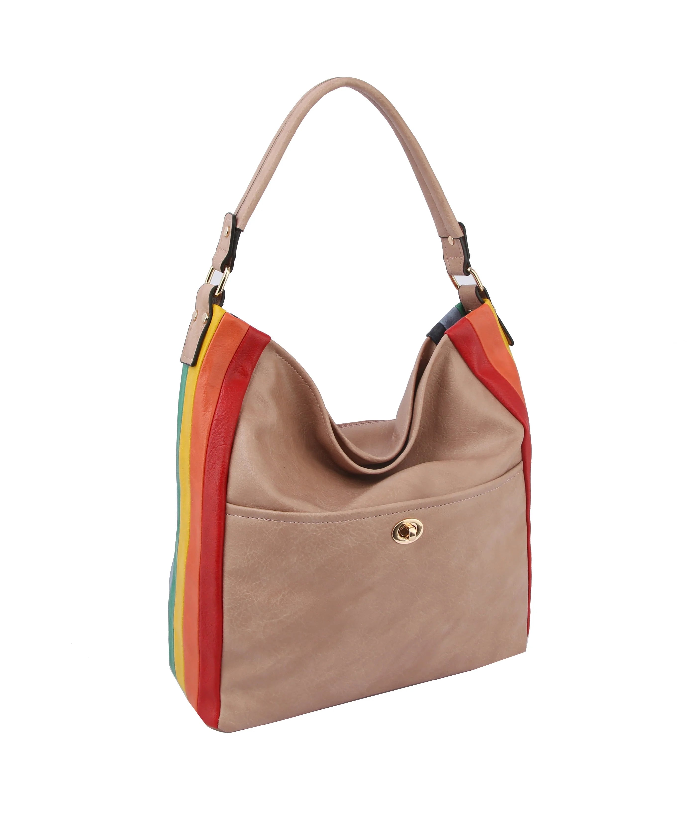 The Rainbow Stripe Accent Hobo Handbag is a beige faux leather bag with a single handle, vertical rainbow stripes on the sides, a gold front pocket clasp, and gold-tone hardware.
