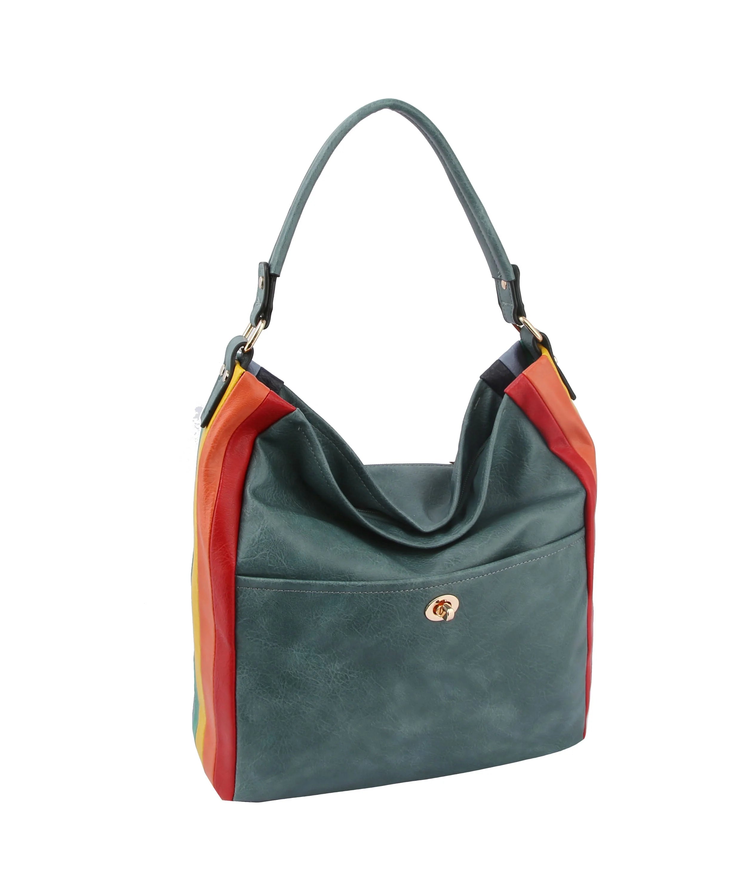 The Rainbow Stripe Accent Hobo Handbag is a teal faux leather bag with a single shoulder strap, gold clasp and hardware, front pocket, and side panels in red, orange, and yellow for a colorful, casual look.