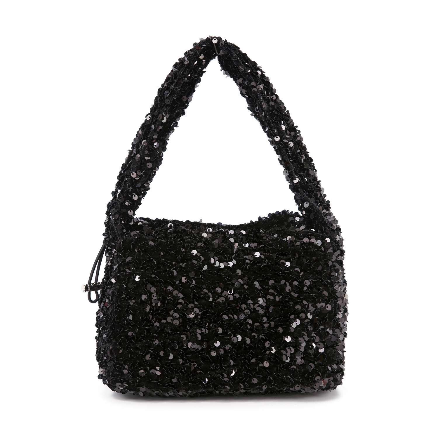 The Sequin Covered Dazzling Evening Bag features shiny black sequins, a thick textured handle, and a soft rectangular shape. This glamorous hobo bag is perfect for adding sparkle to your evening look or nights out.