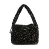 The Sequin Covered Dazzling Evening Bag features shiny black sequins, a thick textured handle, and a soft rectangular shape. This glamorous hobo bag is perfect for adding sparkle to your evening look or nights out.