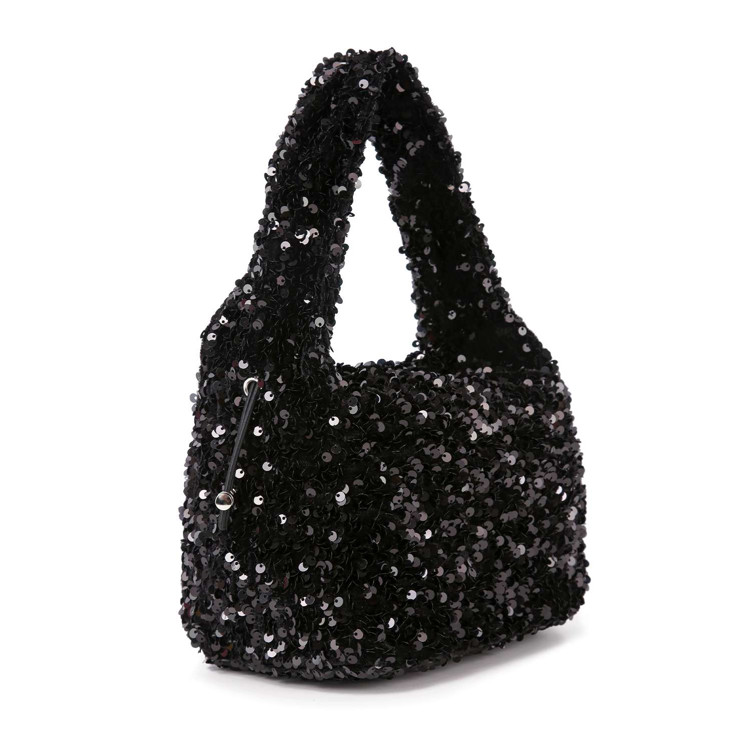 The Sequin Covered Dazzling Evening Bag is a chic black bag adorned with shiny sequins and features a thick handle, shown against a white background.