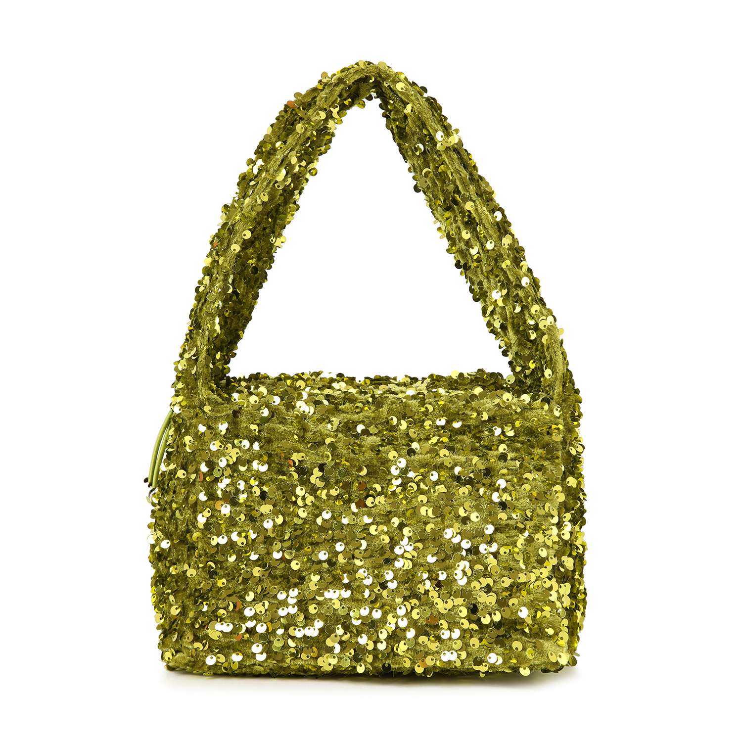 The Sequin Covered Dazzling Evening Bag features a chic square design with gold sequins and a matching handle, displayed against a plain white background.