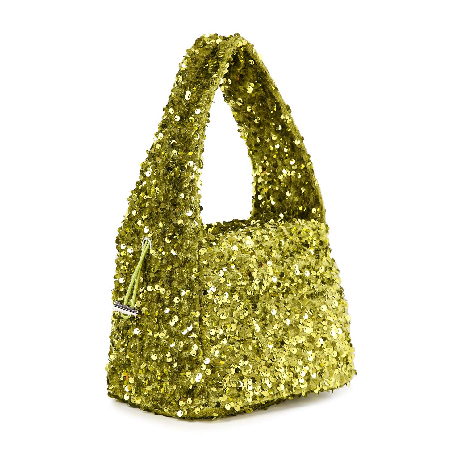 The Sequin Covered Dazzling Evening Bag is a small, structured chic handbag adorned with shiny yellow-green sequins, featuring a wide handle and metallic side clasp, showcased on a white background.