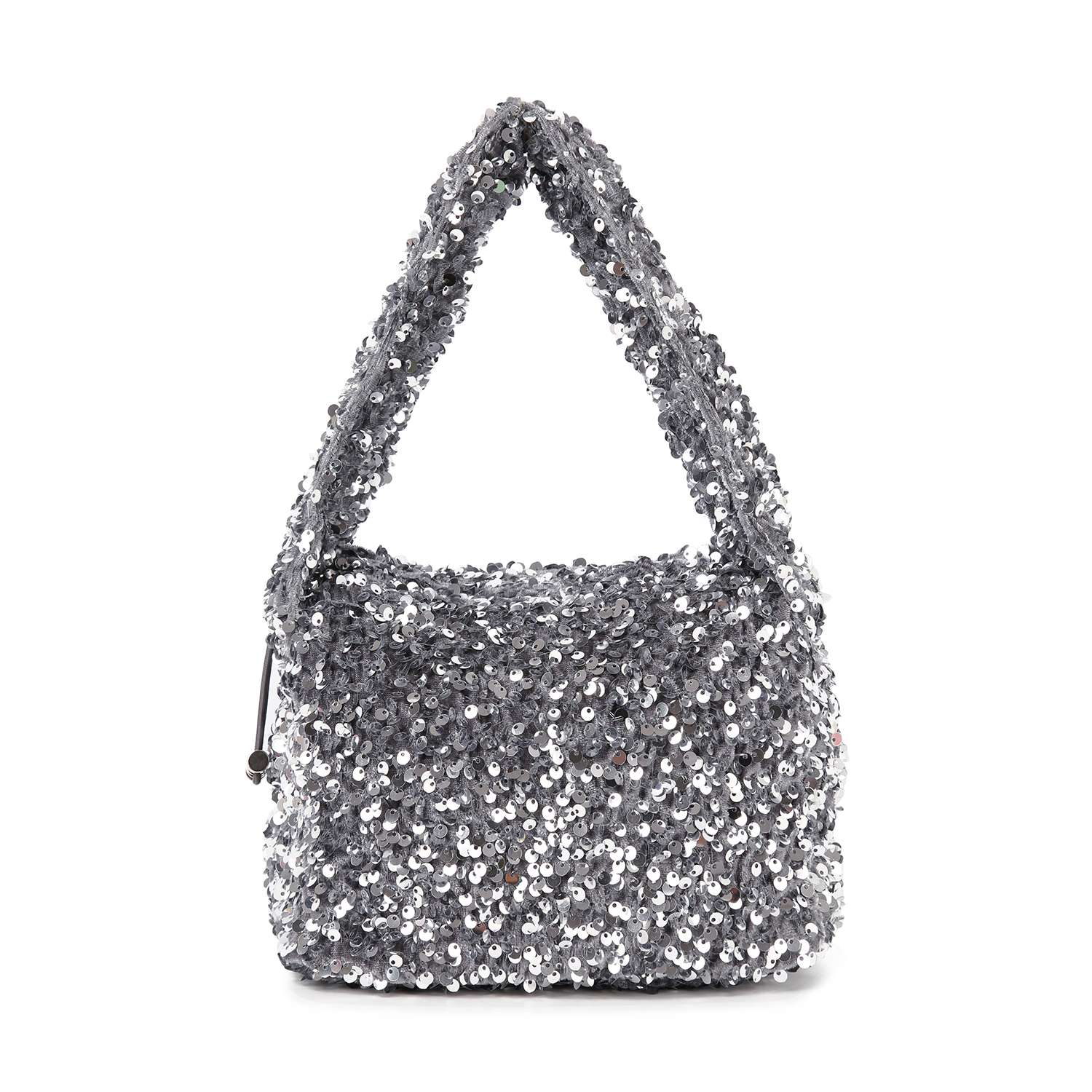 The Sequin Covered Dazzling Evening Bag shines with silver sequins, a short wide strap, and a boxy silhouette—an ideal accessory for your next night out.