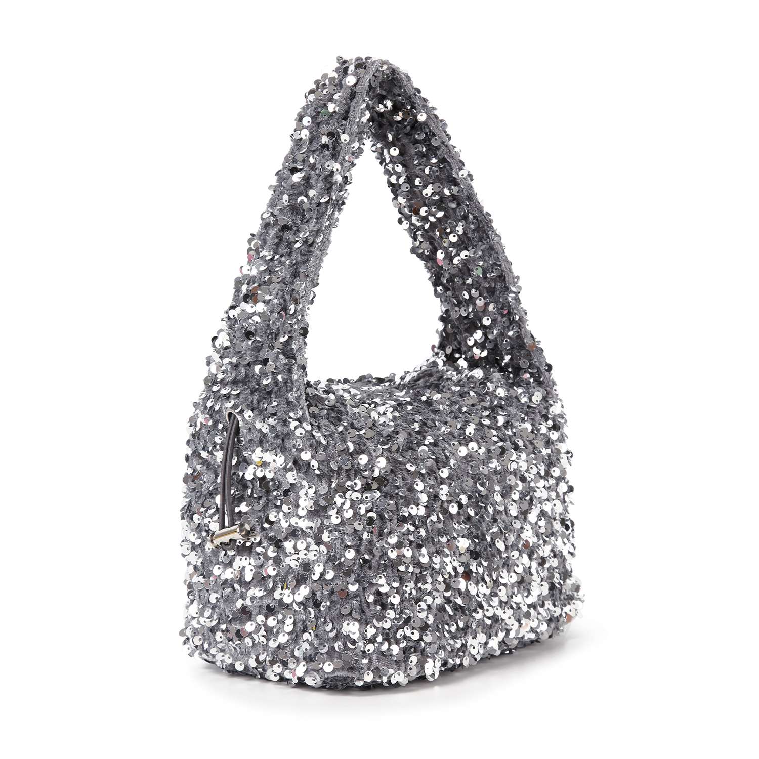 The Sequin Covered Dazzling Evening Bag is a medium-sized evening hobo with shiny silver sequins, a thick single handle, and a small zipper pull detail on the side—perfect for adding sparkle to your look.