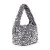 The Sequin Covered Dazzling Evening Bag is a medium-sized evening hobo with shiny silver sequins, a thick single handle, and a small zipper pull detail on the side—perfect for adding sparkle to your look.