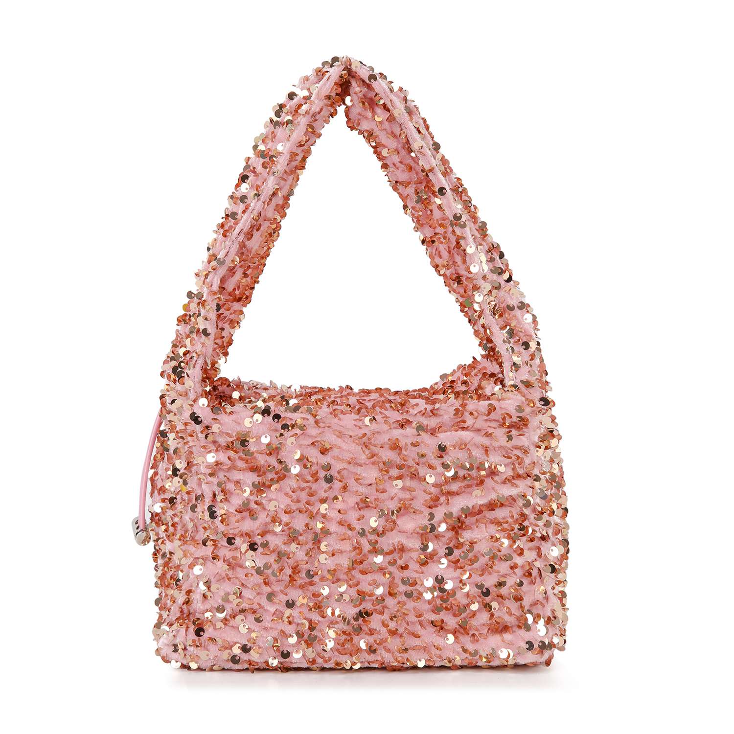 The Sequin Covered Dazzling Evening Bag features shiny pink sequins and a wide, structured handle, creating a sparkling textured look thats perfect for evening outings.