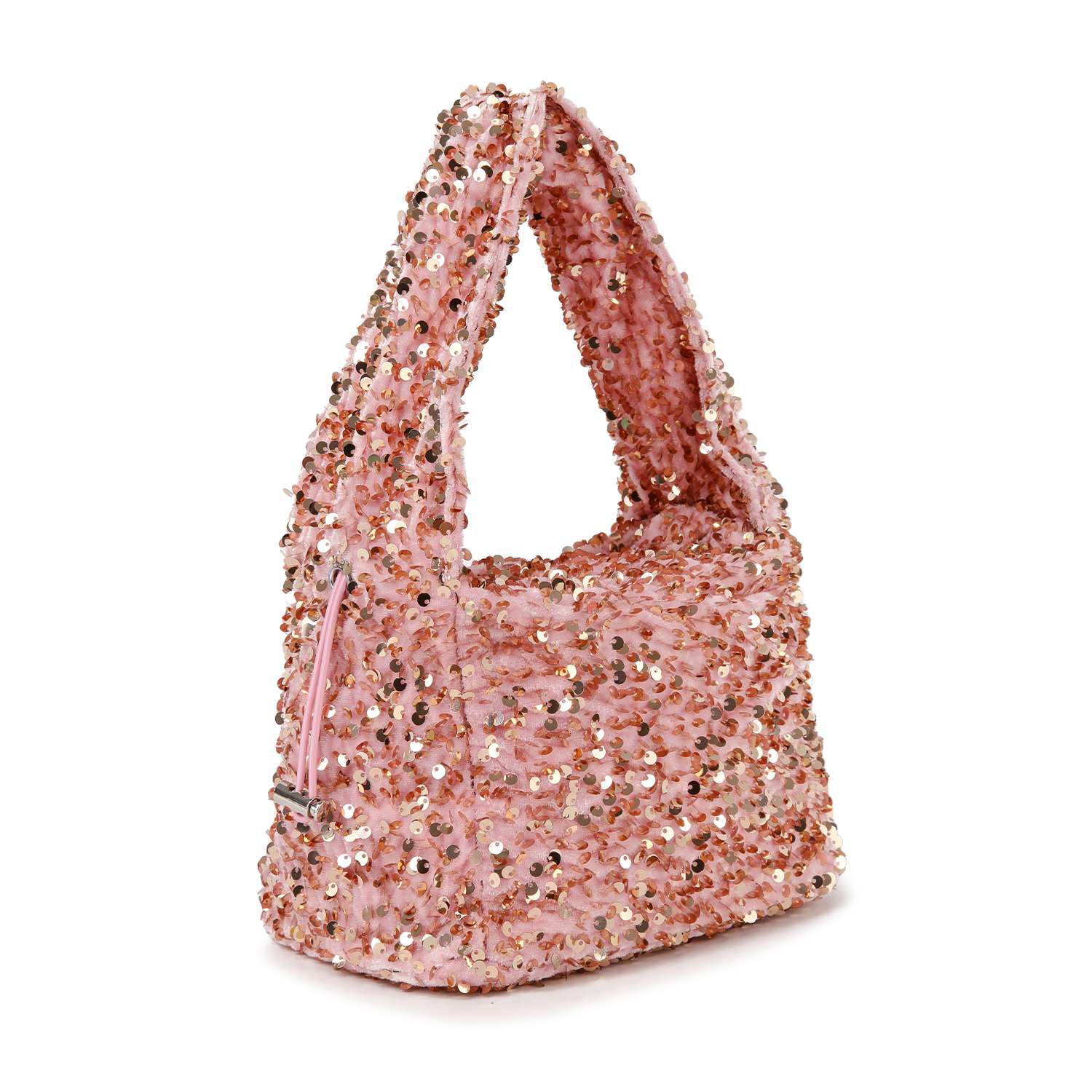 The Sequin Covered Dazzling Evening Bag in pink boasts shiny sequins, a thick handle, and a small side zip pocket—an ideal choice for stylish evenings out.