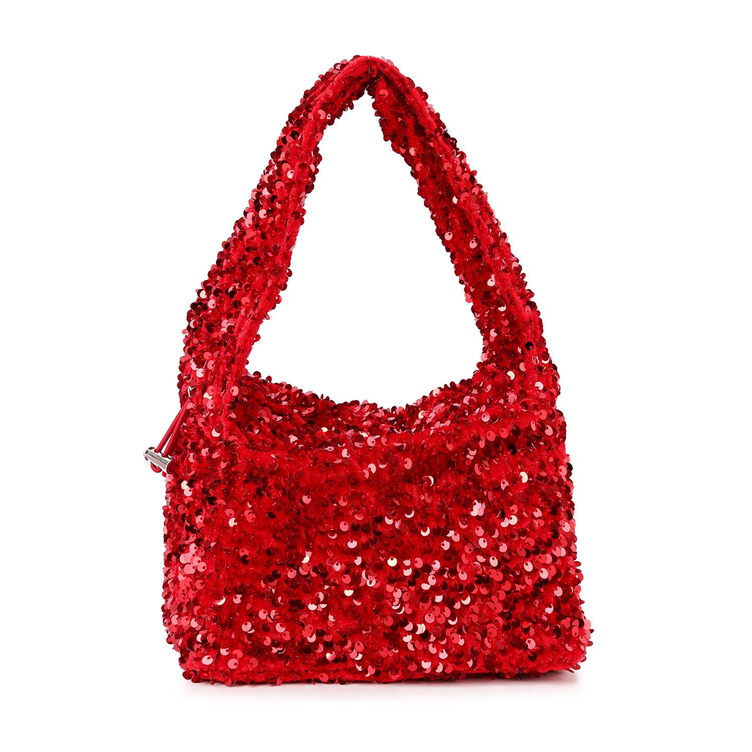 The Sequin Covered Dazzling Evening Bag is a small rectangular handbag adorned with shiny red sequins, featuring a thick matching strap and a soft, flexible shape, shown against a white background.