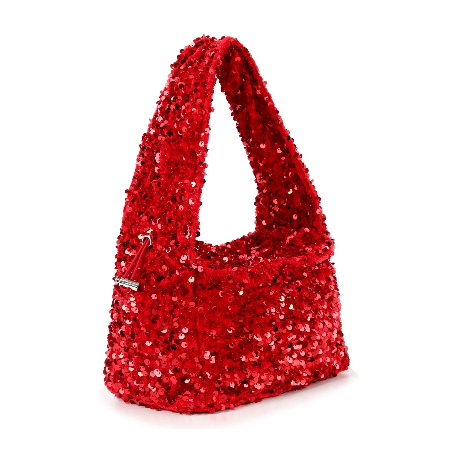 The Sequin Covered Dazzling Evening Bag is a small, rectangular red sequin bag with a wide strap and silver zipper pull near the top, offering a sparkling textured look perfect for chic evenings.