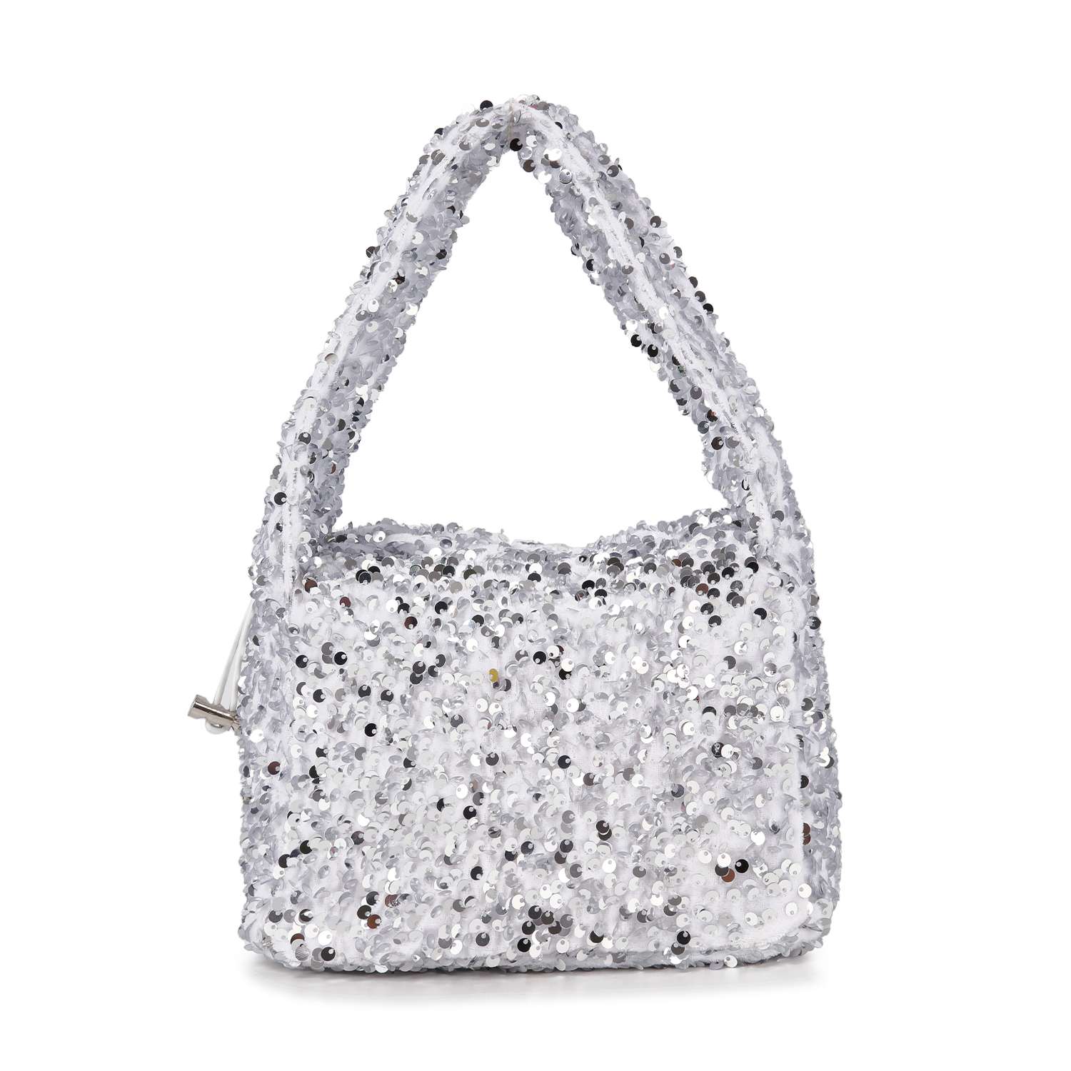 The Sequin Covered Dazzling Evening Bag is a small, rectangular silver hobo with shiny sequins and a thick short handle, shown against a white background.