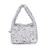 The Sequin Covered Dazzling Evening Bag is a small, rectangular silver hobo with shiny sequins and a thick short handle, shown against a white background.